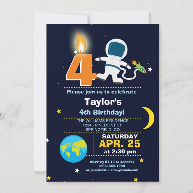 Invitación Fiesta de cumpleaños sobre el tema del espacio ult (Anverso)