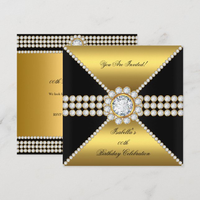 Invitación Fiesta de Cumpleaños Sofisticada Dorado Diamante N (Anverso / Reverso)