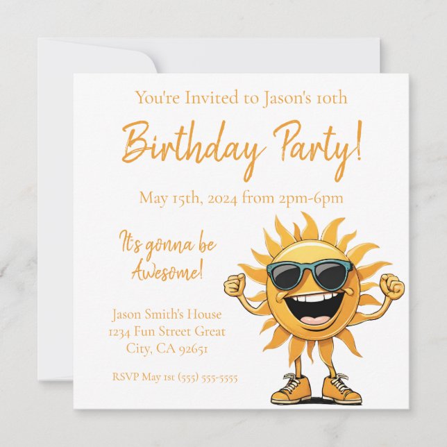 Invitación Fiesta de Cumpleaños-Sol Sonriente con Gafas de So (Anverso)