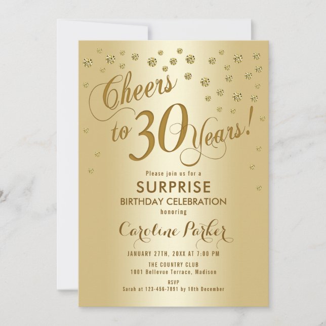 Invitación Fiesta de cumpleaños sorpresa 30 - Oro (Anverso)