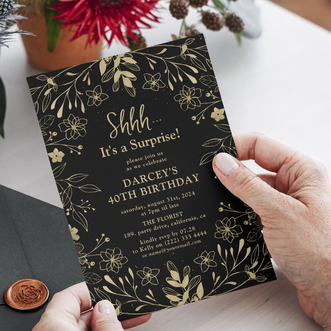 Invitación Fiesta de cumpleaños sorpresa botánica en negro y  (Subido por el creador)
