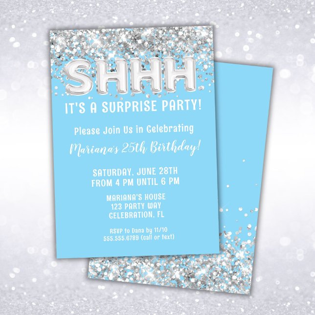 Invitación Fiesta de Cumpleaños Sorpresa con Brillo Plateado  (Subido por el creador)