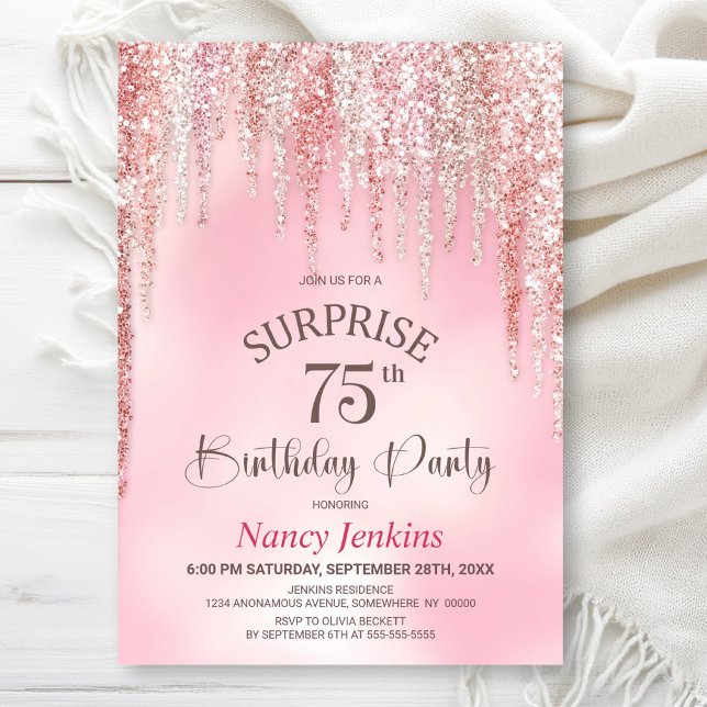 Invitación Fiesta de cumpleaños sorpresa con brillo rosa para (Subido por el creador)