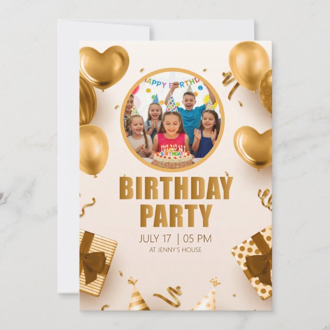 Invitación Fiesta de cumpleaños sorpresa con diseño de oro ro (Anverso)