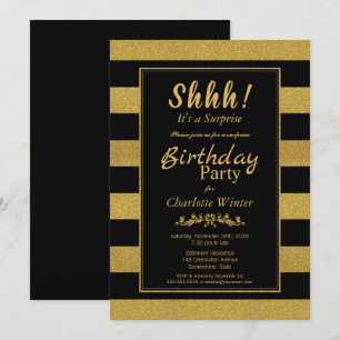 Invitación Fiesta de Cumpleaños Sorpresa con Rayas Negras y D