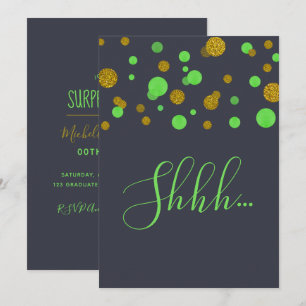 Invitación Fiesta de cumpleaños sorpresa confeti verde y dora