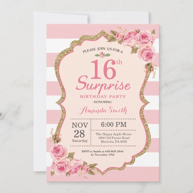 Invitación Fiesta de cumpleaños sorpresa de 16 años con peoní (Anverso)