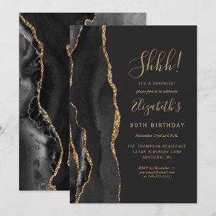 Invitación Fiesta de cumpleaños sorpresa de ágata dorada negr