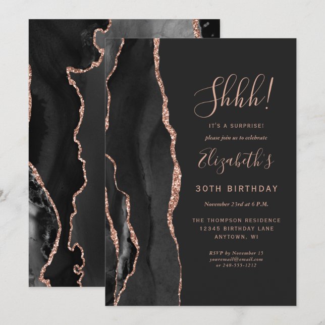 Invitación Fiesta de cumpleaños sorpresa de ágata negra (Anverso / Reverso)