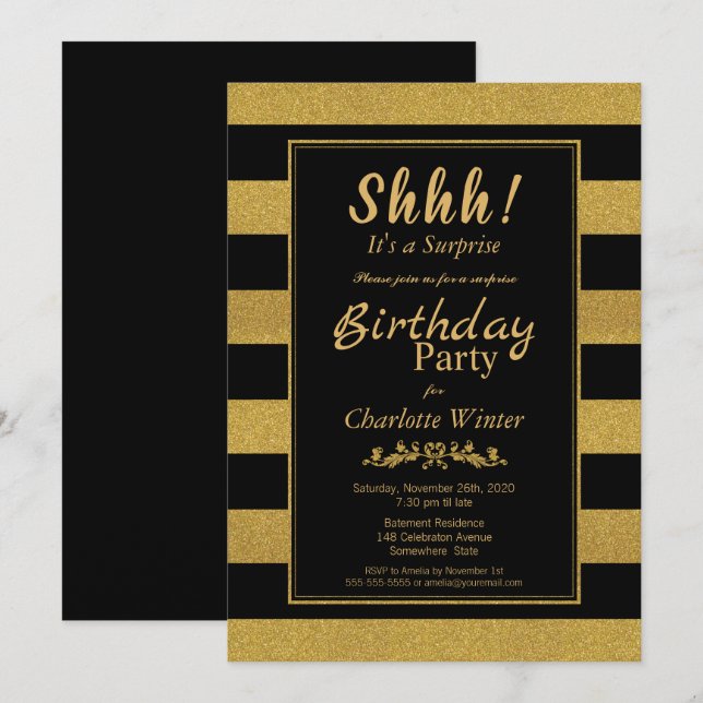 Invitación Fiesta de cumpleaños sorpresa de Black Gold Stripe (Anverso / Reverso)