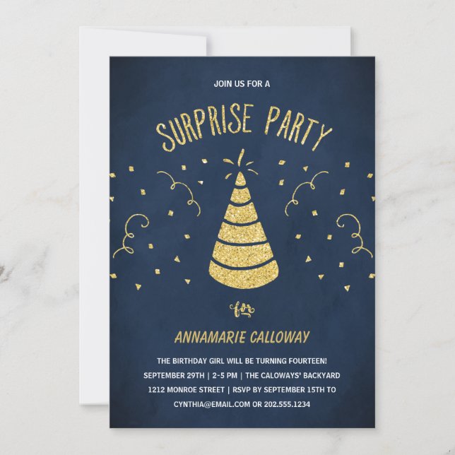 Invitación Fiesta de cumpleaños sorpresa de Confetti (Anverso)