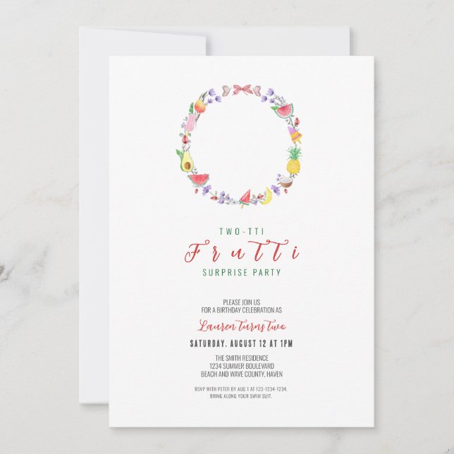Invitación Fiesta de cumpleaños sorpresa de dos tti Frutti (Anverso)