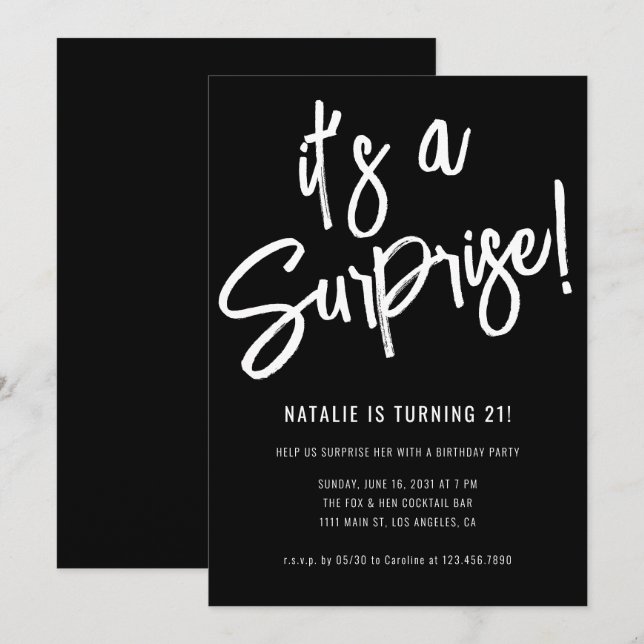 Invitación Fiesta de cumpleaños sorpresa de guión de pincel m (Anverso / Reverso)