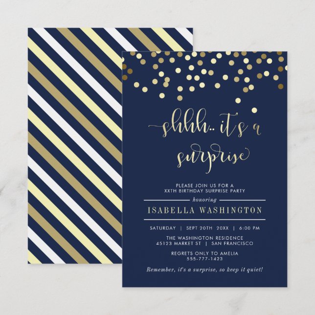 Invitación Fiesta de cumpleaños sorpresa de Navy Blue & Gold  (Anverso / Reverso)