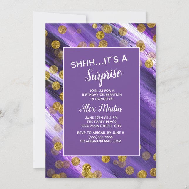 Invitación Fiesta de Cumpleaños Sorpresa de Purpura Dorado Br (Anverso)