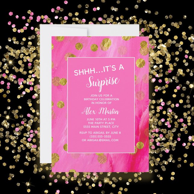 Invitación Fiesta de Cumpleaños Sorpresa de Purpurina Dorada  (Hot pink with gold glitter surprise birthday party invitation)