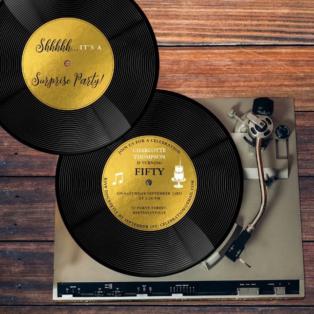 Invitación Fiesta de Cumpleaños Sorpresa Disco de Vinilo Negr (Surprise Birthday Party Black Gold Record Vinyl Invitation)
