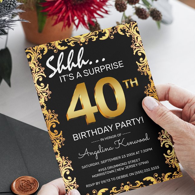 Invitación Fiesta de cumpleaños sorpresa elegante de negro y  (Subido por el creador)