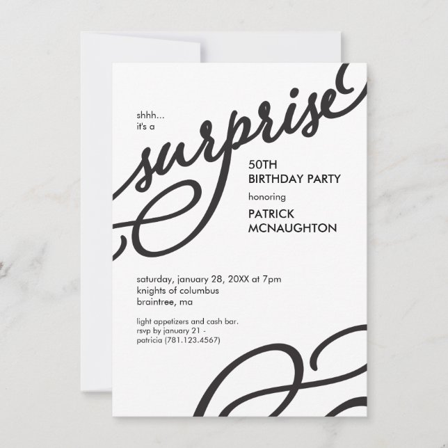 Invitación Fiesta de cumpleaños sorpresa elegante en blanco y (Anverso)