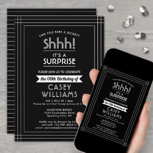 Invitación Fiesta de Cumpleaños Sorpresa Elegante Negro y Bla