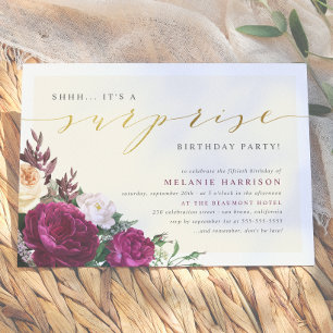 Invitación Fiesta de Cumpleaños Sorpresa Floral Borgoña y Cre