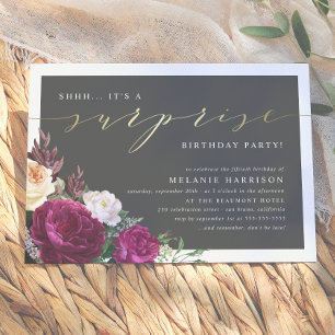 Invitación Fiesta de cumpleaños sorpresa floral dorado y burg