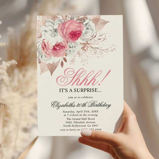 Invitación Fiesta de cumpleaños sorpresa floral rosa y blanca (Subido por el creador)