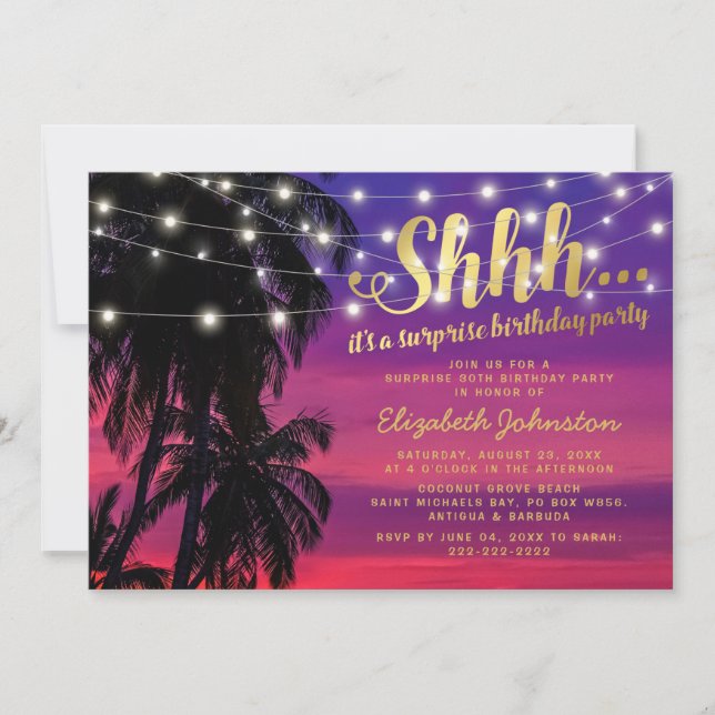 Invitación Fiesta de Cumpleaños Sorpresa Glam en Sunset Beach (Anverso)