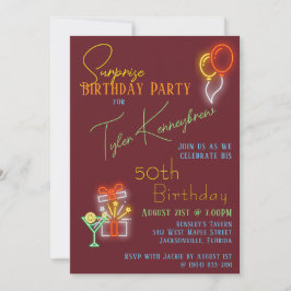 Invitación Fiesta de cumpleaños sorpresa inspirada en la neón