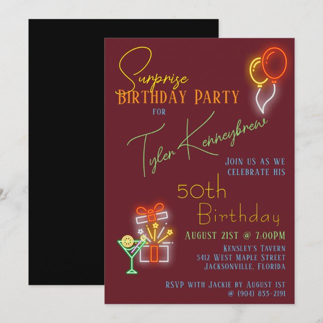 Invitación Fiesta de cumpleaños sorpresa inspirada en la neón (Anverso / Reverso)