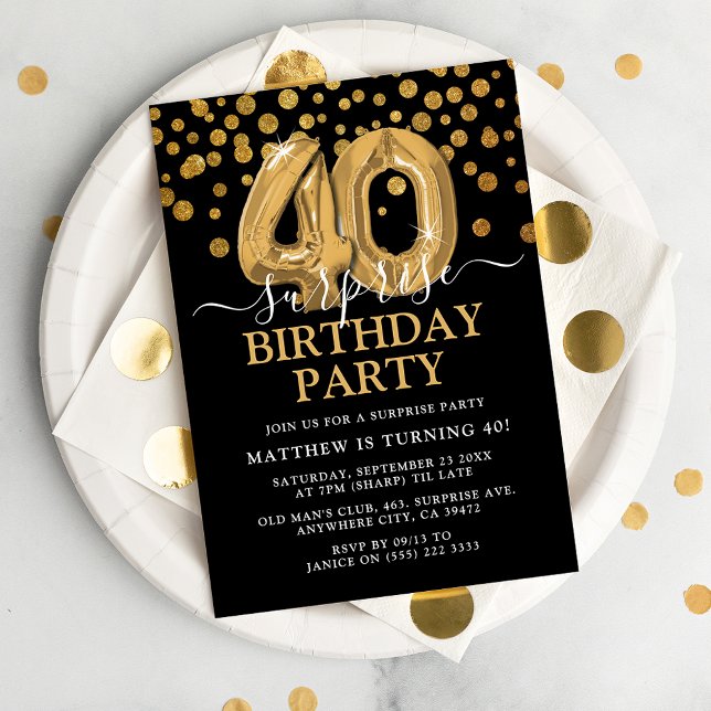 Invitación Fiesta de cumpleaños sorpresa moderna de negro y d (Subido por el creador)