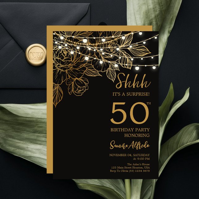 Invitación Fiesta de cumpleaños sorpresa moderna negra y dora (Subido por el creador)