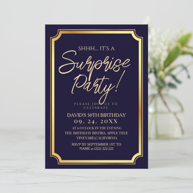 Invitación Fiesta de cumpleaños sorpresa Navy Gold 50 (Anverso de pie)