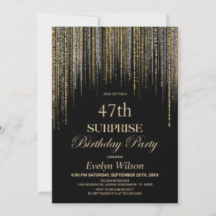 Invitación Fiesta de Cumpleaños Sorpresa Negra con Brillo Dor