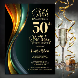 Invitación Fiesta de cumpleaños sorpresa negra y dorada moder