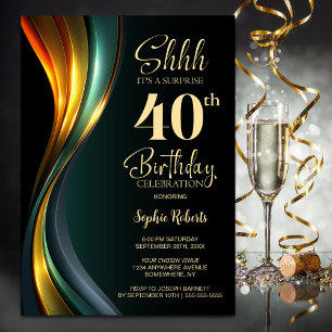 Invitación Fiesta de cumpleaños sorpresa negra y dorada moder