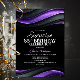 Invitación Fiesta de cumpleaños sorpresa negra y púrpura 85