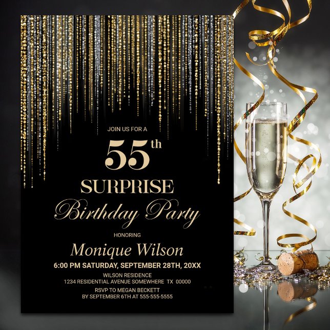 Invitación Fiesta de cumpleaños sorpresa negro con brillo dor (Subido por el creador)