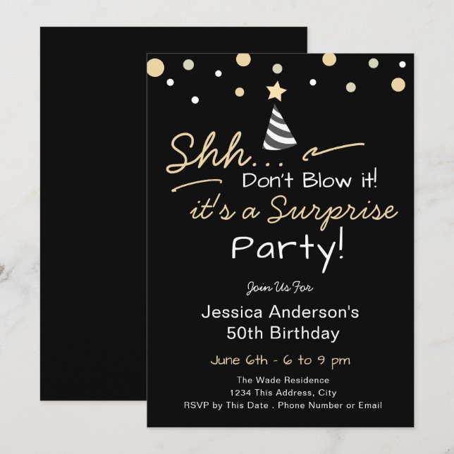 Invitación Fiesta de cumpleaños sorpresa no lo descubras (Anverso / Reverso)