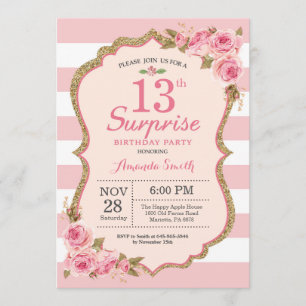 Invitación Fiesta de cumpleaños sorpresa número 13 con peonía