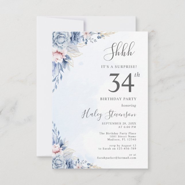 Invitación Fiesta de cumpleaños sorpresa número 34 con acuare (Anverso)