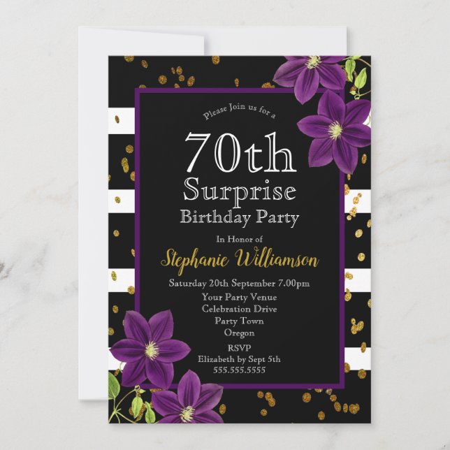 Invitación Fiesta de cumpleaños sorpresa número 70 Negra y Do (Anverso)