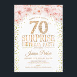 Invitación Fiesta de cumpleaños sorpresa número 70 - Rosa oro<br><div class="desc">Invitación de cumpleaños sorpresa número 70.
Diseño elegante en falso oro brillante,  blanco y rosa. Cuenta con confeti,  fuente de letra script y flores de rosa aguada.
Envíame un mensaje si necesitas más personalización.</div>