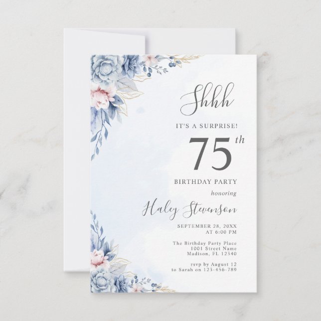 Invitación Fiesta de cumpleaños sorpresa número 75 con acuare (Anverso)