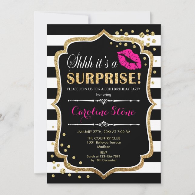 Invitación Fiesta de cumpleaños sorpresa - Oro rosado negro (Anverso)