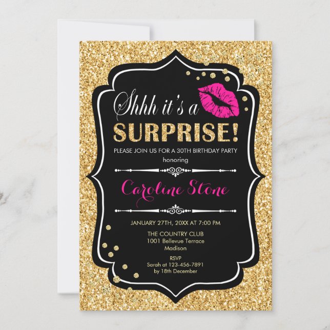 Invitación Fiesta de cumpleaños sorpresa - Oro rosado negro (Anverso)