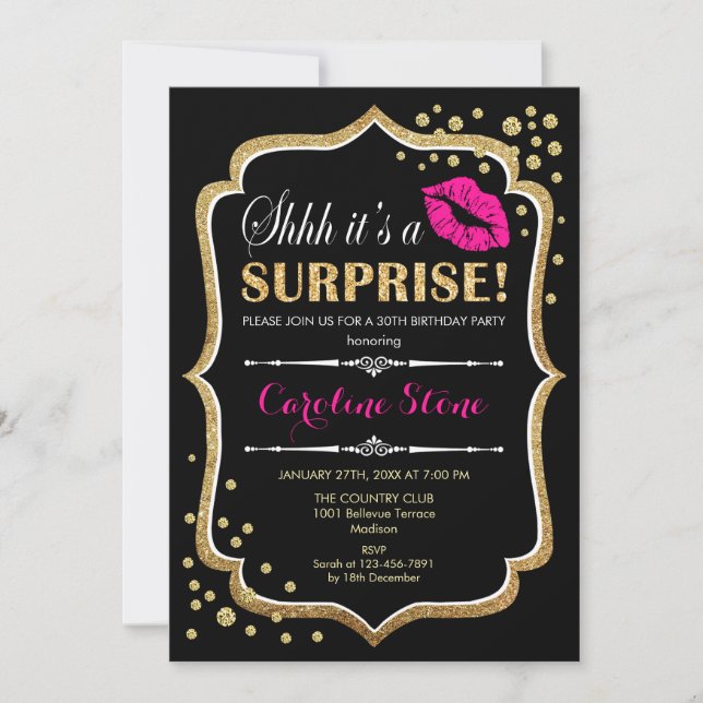 Invitación Fiesta de cumpleaños sorpresa - Oro rosado negro (Anverso)