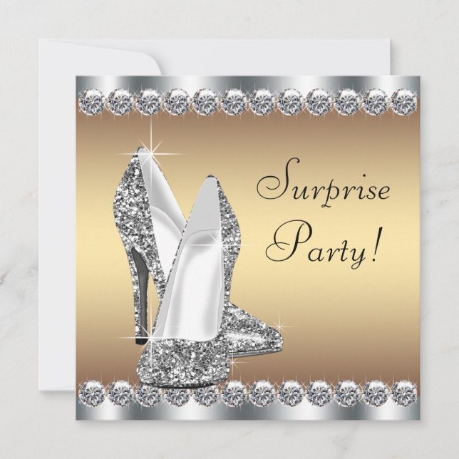 Invitación Fiesta de cumpleaños sorpresa para mujer de plata  (Anverso)