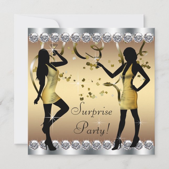 Invitación Fiesta de cumpleaños sorpresa para mujer de plata  (Anverso)
