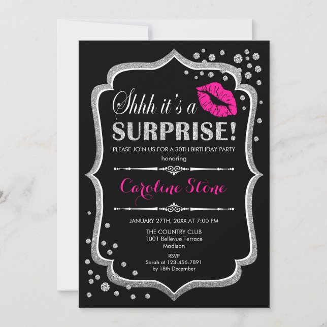 Invitación Fiesta de cumpleaños sorpresa - Plata rosa negro (Anverso)